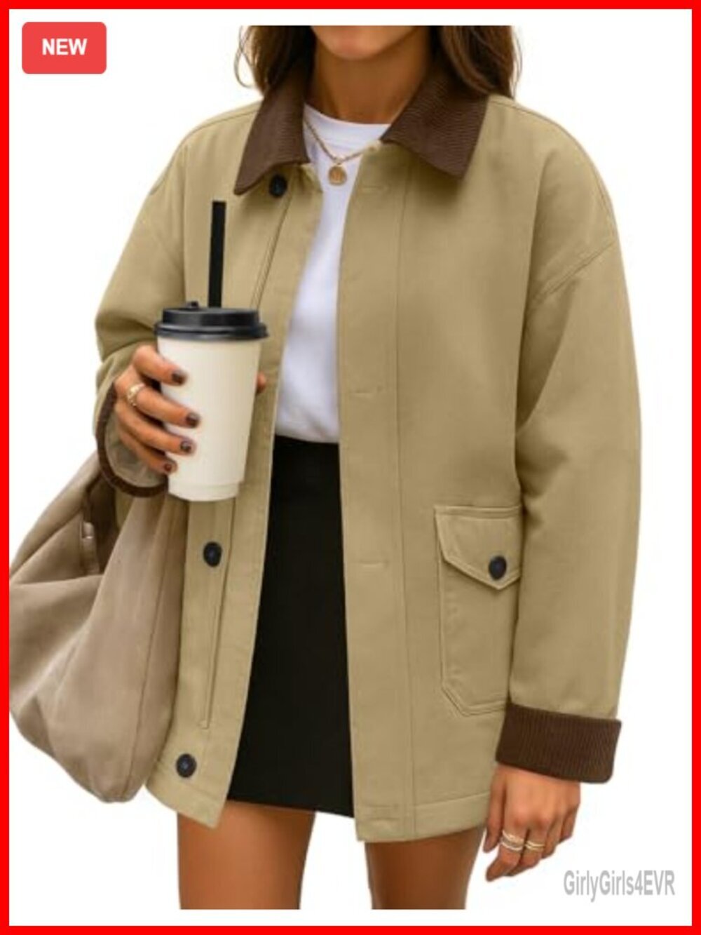 Oversized Barn Jacket Cotton Cargo Coat with Contrast Collar Zip Up